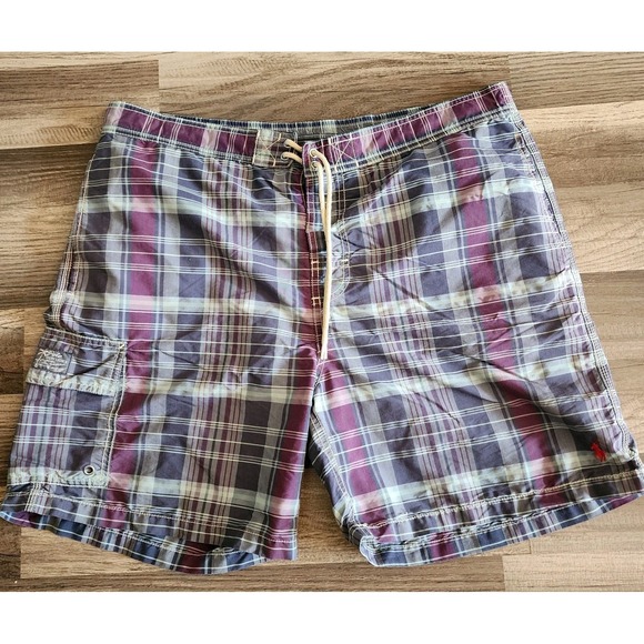 VINTAGE 90S POLO RALPH LAUREN SWIMWEAR SWIM SHORTS MENS LARGE PLAID CARGO POCKET - Picture 1 of 16